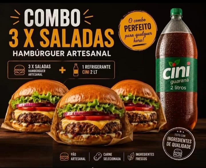 🍔 🍔 🍔 Combo 3 X Saladas artesanais e 1 Refri Cini 2lt
